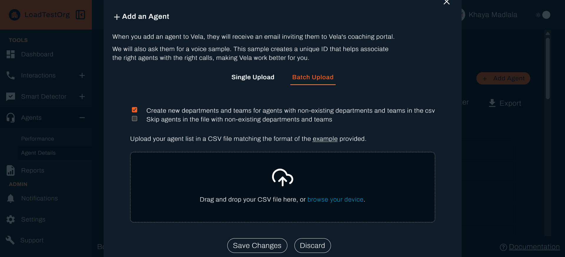 Bulk upload agents sidebar
