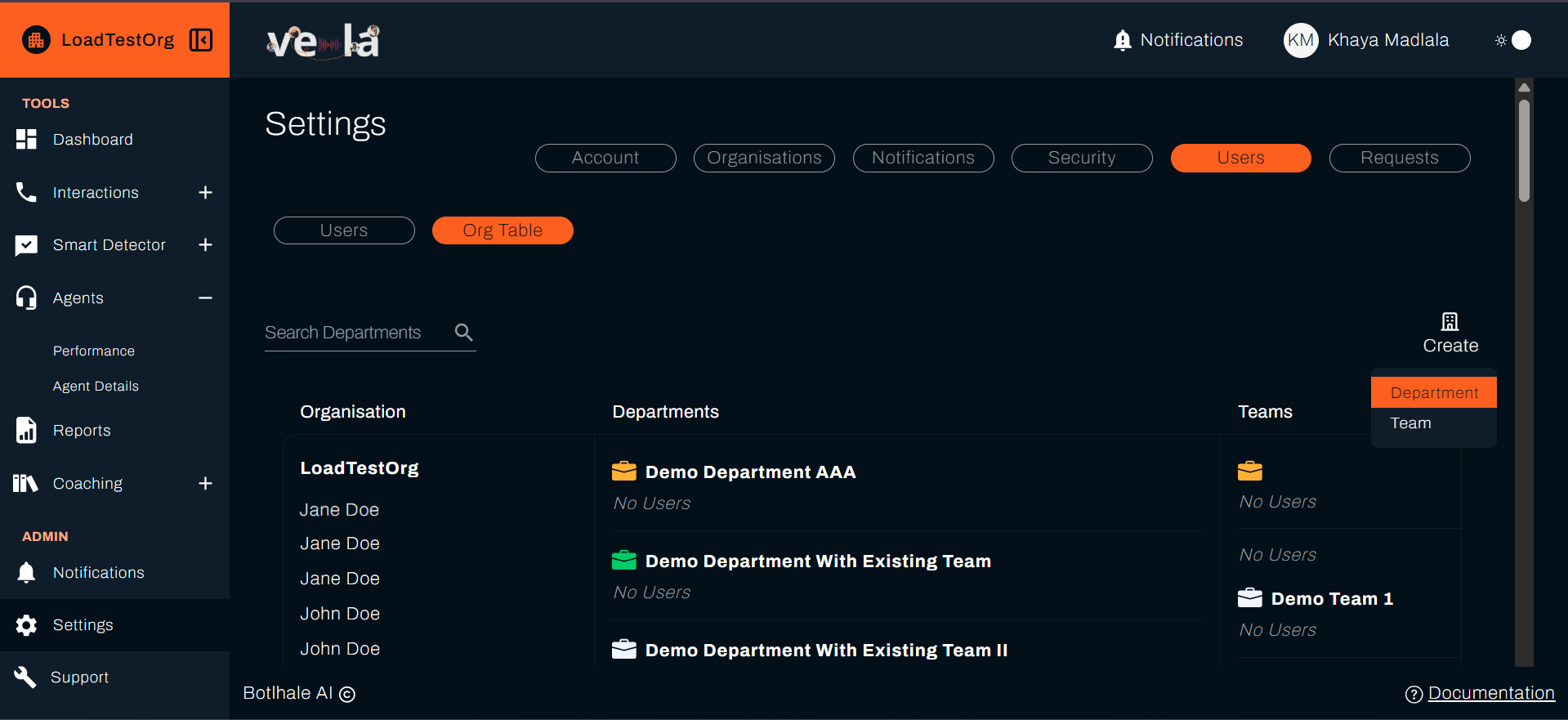 Create Dept / Team