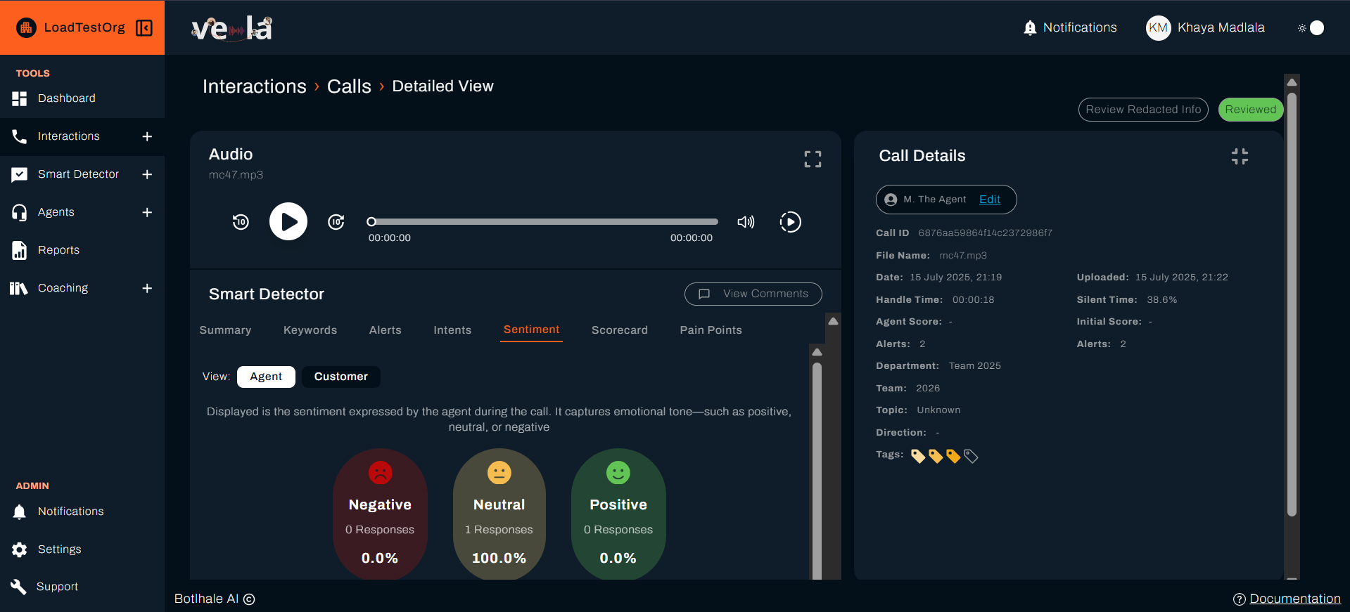 Interaction detail view showing scorecard, comments section, and analysis panel