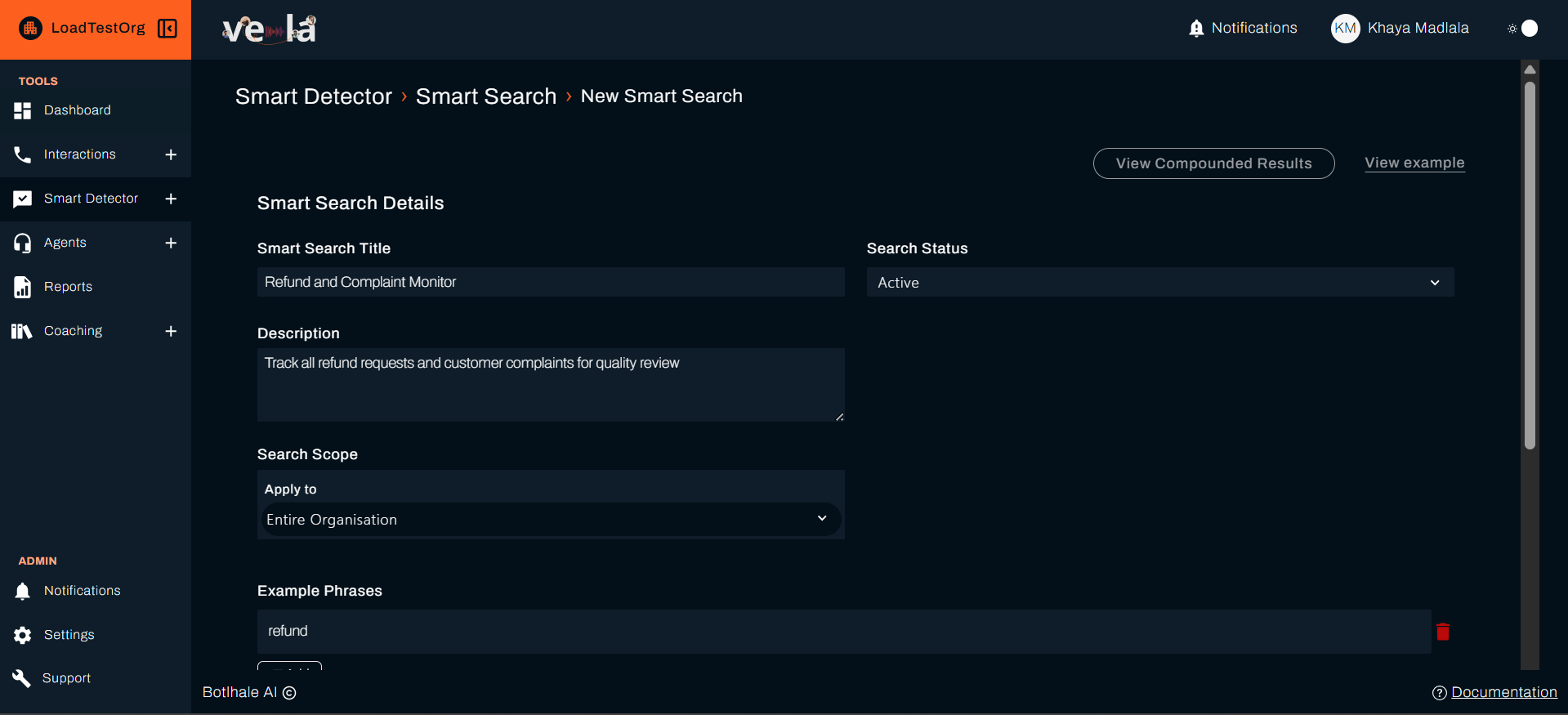Smart Search creation form with example fields filled in