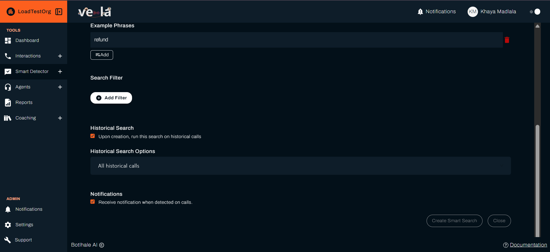 Smart Search creation form with example fields filled in